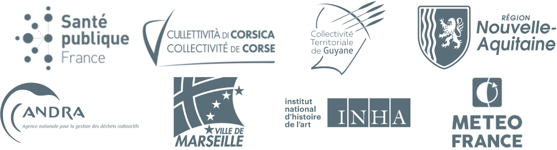 Logos de Santé Publique France, Collectivité Territoriale de Corse, Collectivité Territoriale de Guyanne, Région Nouvelle Aquitaine, ANDRA, Ville de Marseille, INHA, Météo France